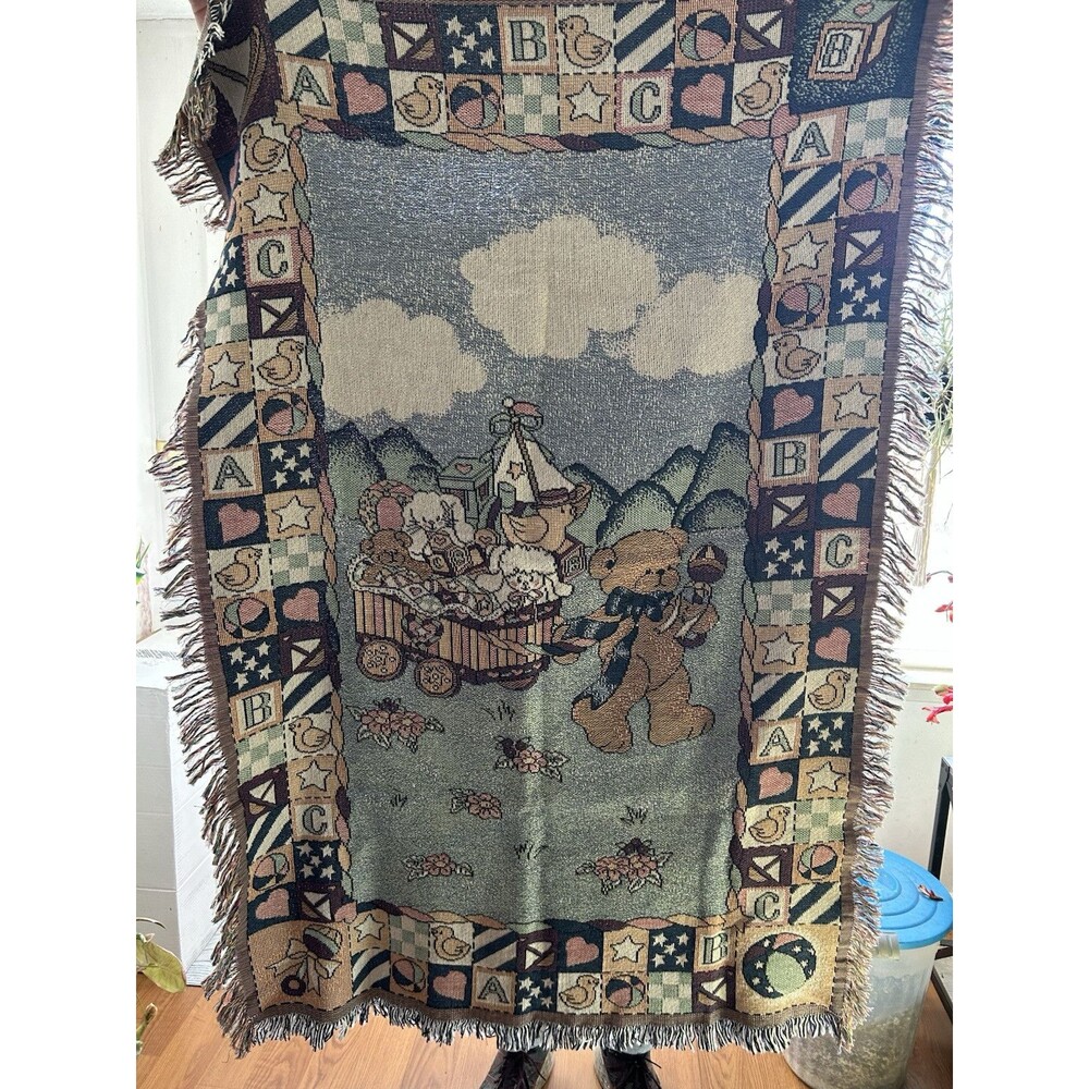 Baby Knit Tapestry Crib Blanket Throw Fringe  Bear ABC Blocks Vintage 38”x55”